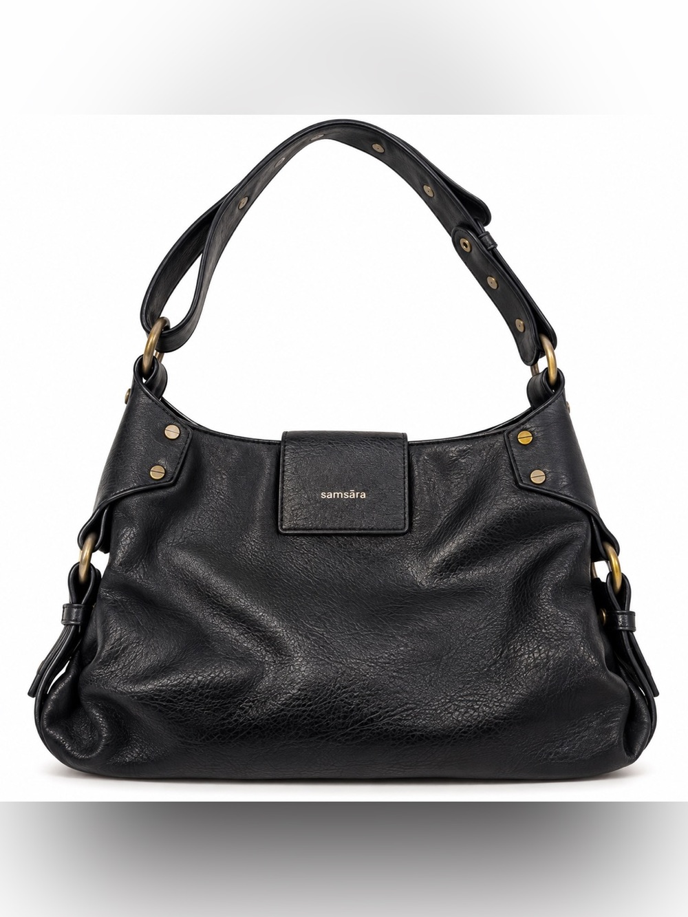 Samsara Black Hobo Shoulder Bag Adjustable Strap Brass Hardware AS IS